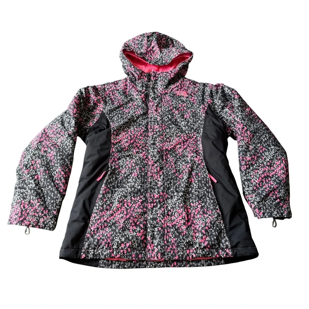 The North Face Delea Insulated Jacket Girls XL HyVent Hooded Pink Gray Scatter